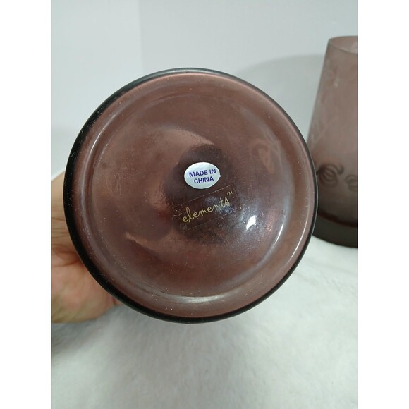 ​Pair Elements Mauve Frosted Etched Floral Glass Candle Holders Wood Base - Picture 5 of 6